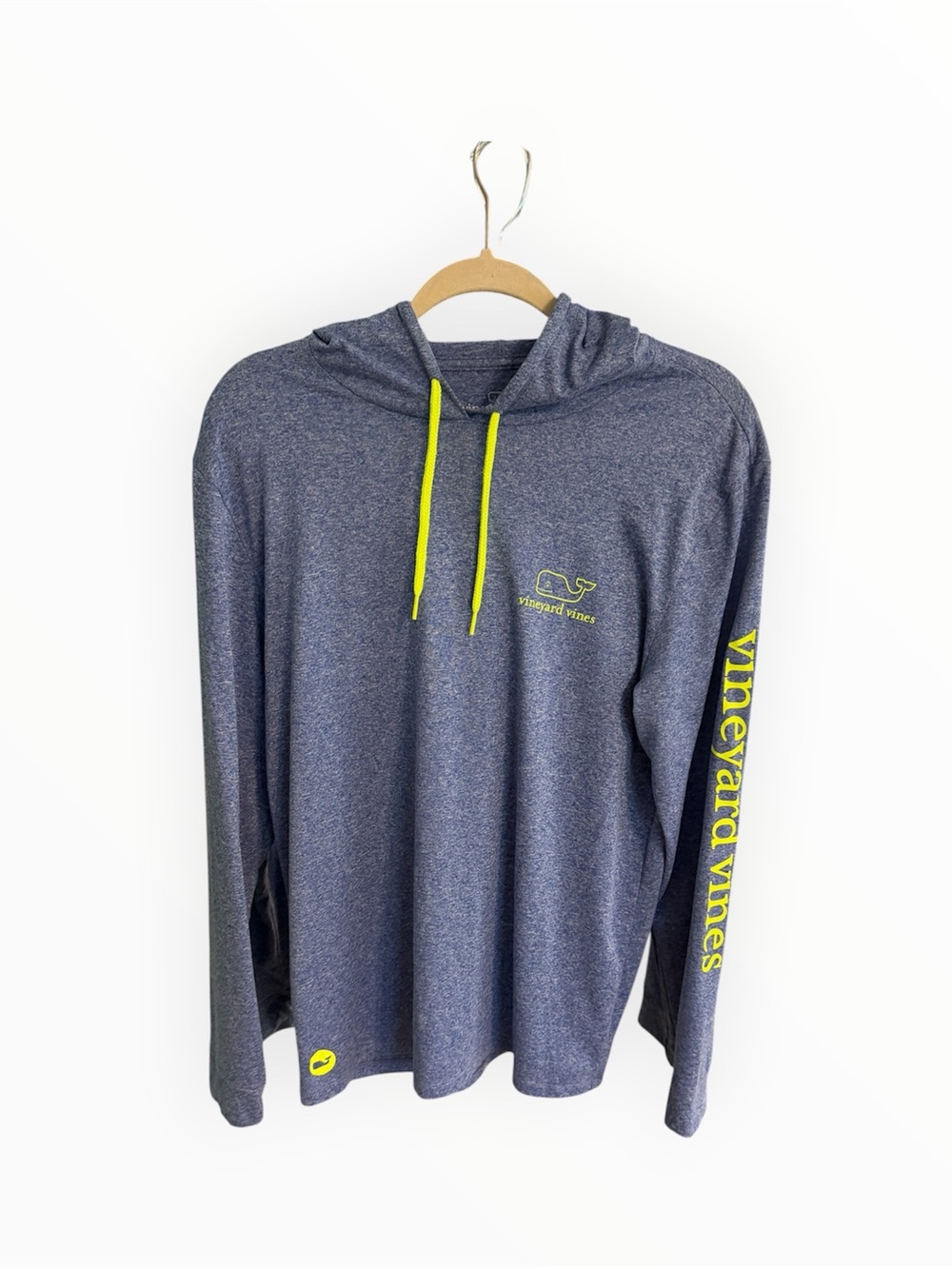 Vineyard Vines Heather Navy Hooded Long-Sleeve Shirt with Neon Yellow Accents